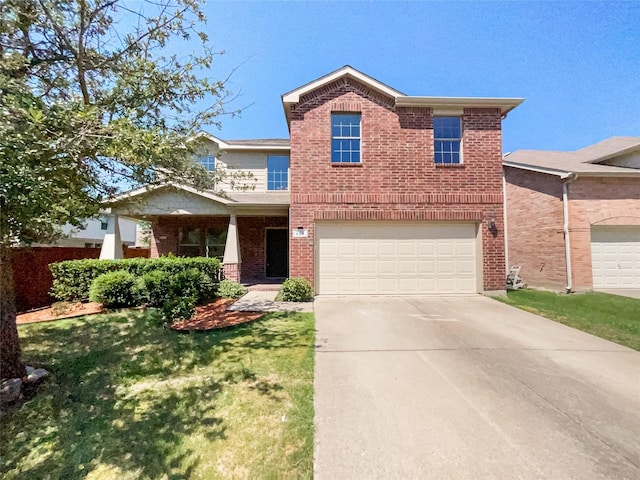 view of front of house featuring a garage, concrete driveway, brick siding, and a front lawn