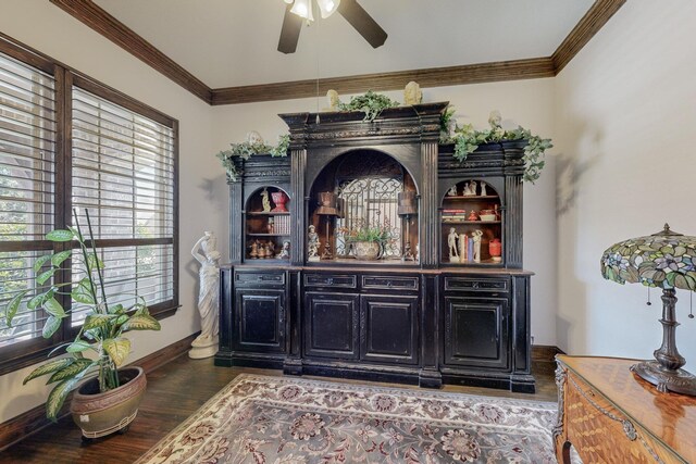 interior space featuring ceiling fan, dark hardwood / wood-style flooring, and crown molding