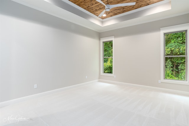 empty room featuring light carpet, plenty of natural light, baseboards, a raised ceiling, and wooden ceiling