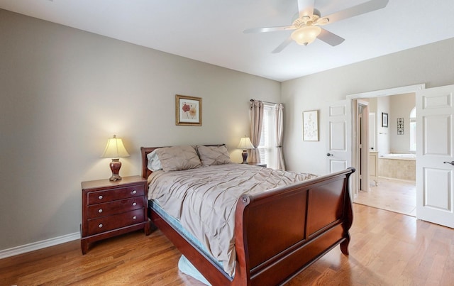 bedroom featuring ceiling fan and light wood-type flooring