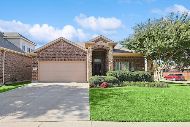 view of front of house featuring concrete driveway, brick siding, a front lawn, and an attached garage