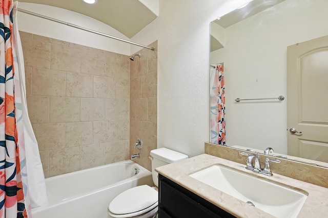 full bathroom featuring toilet, shower / tub combo with curtain, and vanity