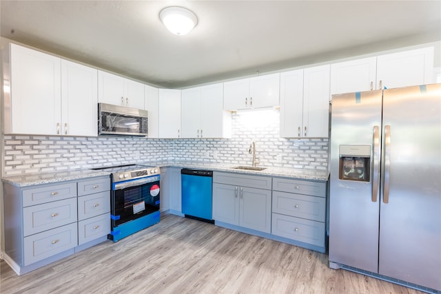 kitchen with light wood-type flooring, sink, white cabinetry, decorative backsplash, and appliances with stainless steel finishes