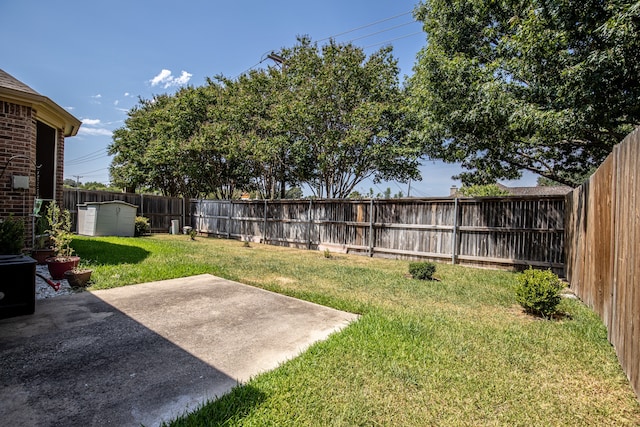 view of yard with a storage unit and a patio