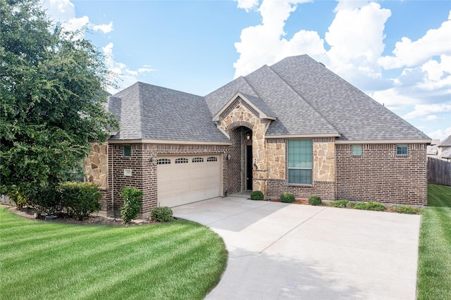 view of front of house with an attached garage, brick siding, stone siding, concrete driveway, and roof with shingles