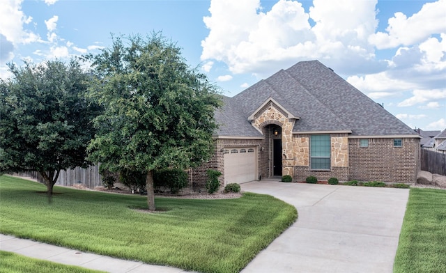 view of front of home with fence, a garage, stone siding, driveway, and a front lawn