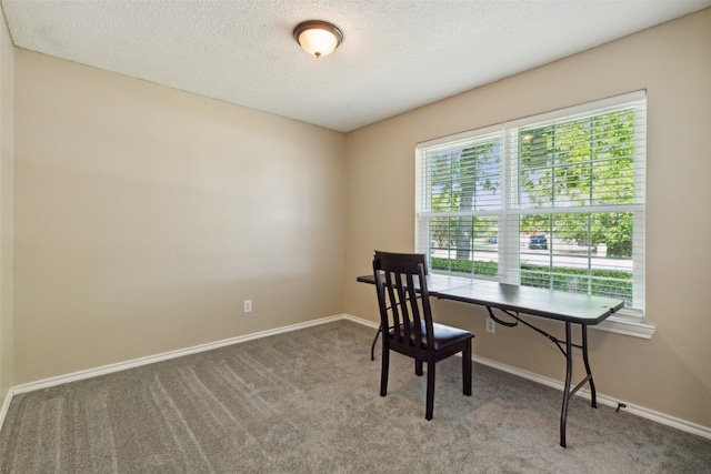 carpeted home office with a textured ceiling