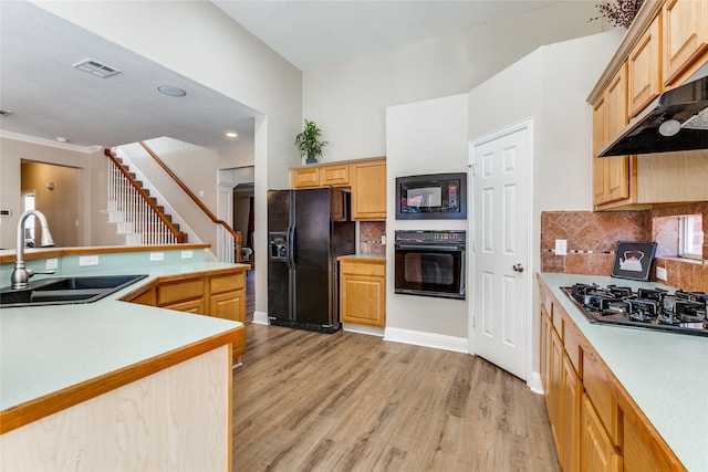 kitchen featuring under cabinet range hood, a sink, visible vents, light wood-type flooring, and black appliances