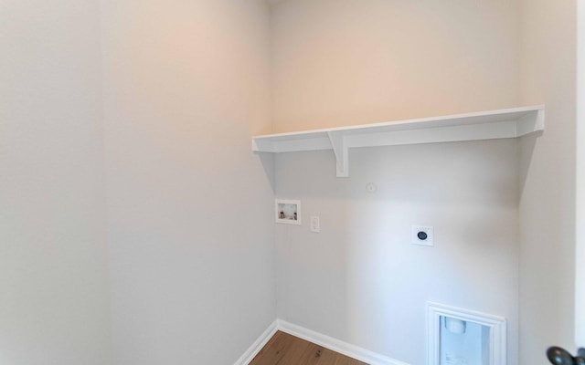 laundry area featuring washer hookup, electric dryer hookup, gas dryer hookup, and hardwood / wood-style flooring