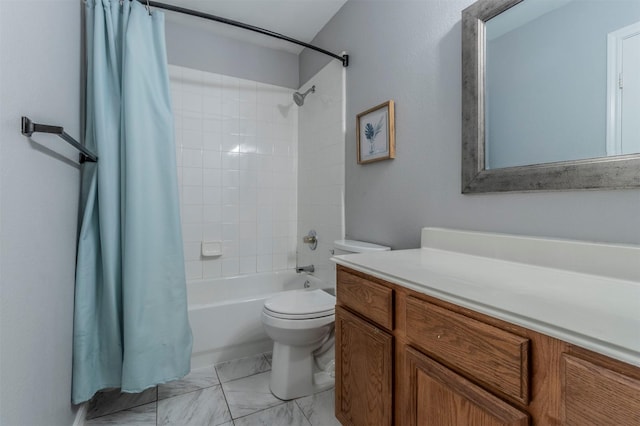 full bathroom featuring vanity, toilet, and shower / tub combo with curtain