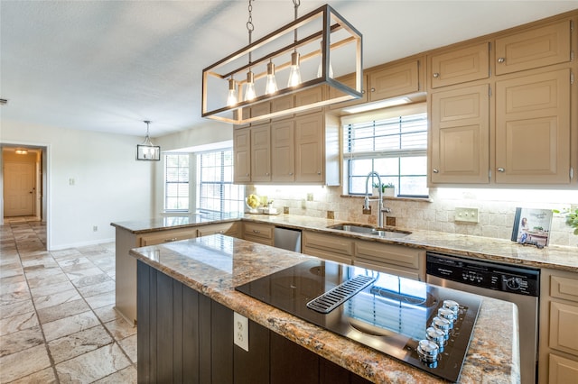 kitchen featuring decorative backsplash, light stone counters, sink, decorative light fixtures, and dishwasher