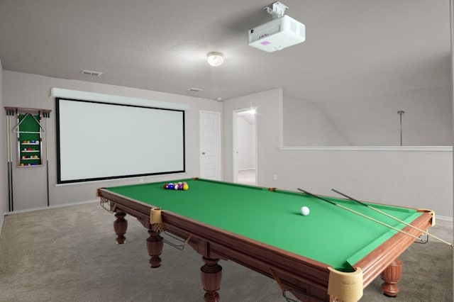 playroom with billiards, carpet flooring, and a textured ceiling