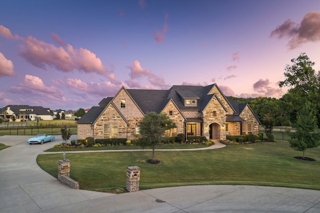 french country inspired facade featuring concrete driveway, fence, stone siding, and a lawn