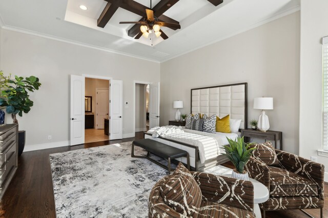 bedroom featuring beamed ceiling, coffered ceiling, wood finished floors, a stone fireplace, and baseboards