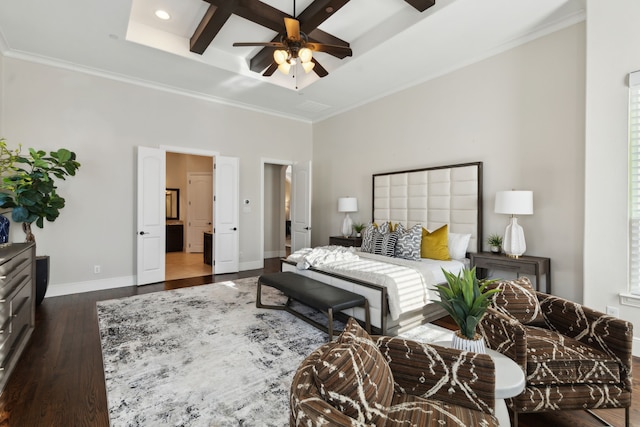 bedroom with baseboards, coffered ceiling, wood finished floors, and ornamental molding