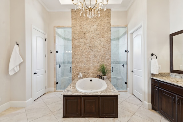 full bath with an inviting chandelier, a bath, a shower stall, and crown molding