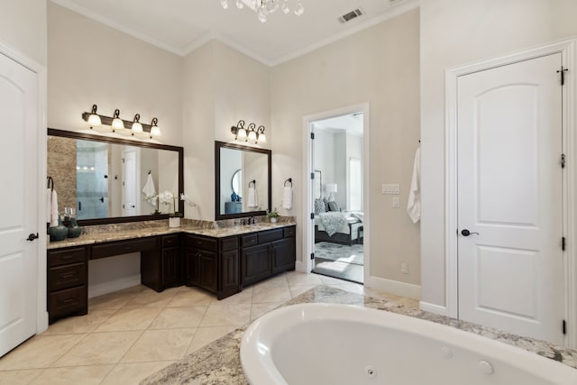 bathroom featuring visible vents, ornamental molding, a jetted tub, connected bathroom, and vanity