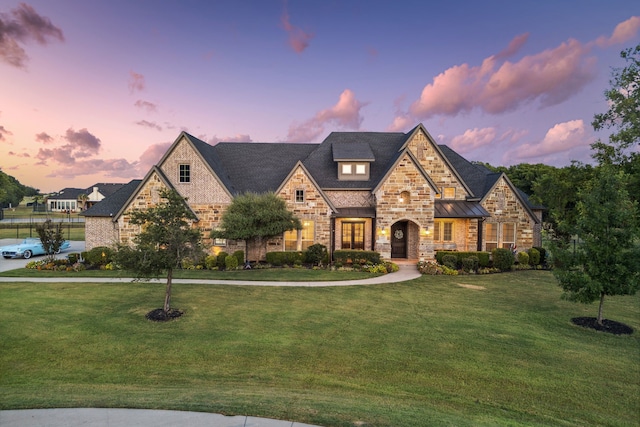 french provincial home featuring a front yard and stone siding