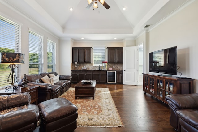 living area with visible vents, wine cooler, high vaulted ceiling, and dark wood-style floors