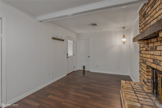 unfurnished living room featuring dark hardwood / wood-style floors, beam ceiling, ornamental molding, and a brick fireplace