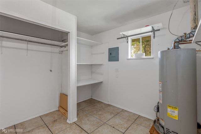 interior space with gas water heater and electric panel