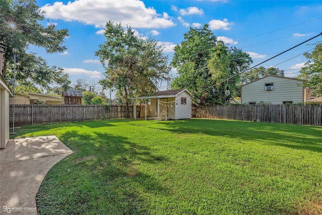 view of yard featuring a storage unit