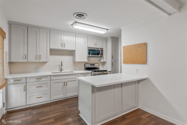 kitchen featuring ornamental molding, sink, appliances with stainless steel finishes, and dark hardwood / wood-style flooring