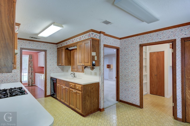 kitchen featuring light tile patterned floors, sink, wine cooler, and ornamental molding