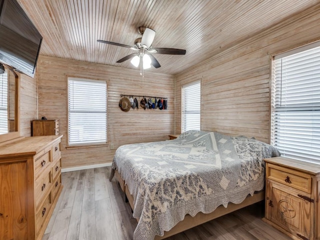 bedroom featuring light wood-type flooring, wooden ceiling, wooden walls, and a ceiling fan