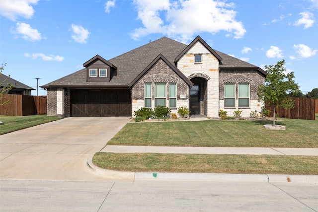 french provincial home with a garage and a front lawn