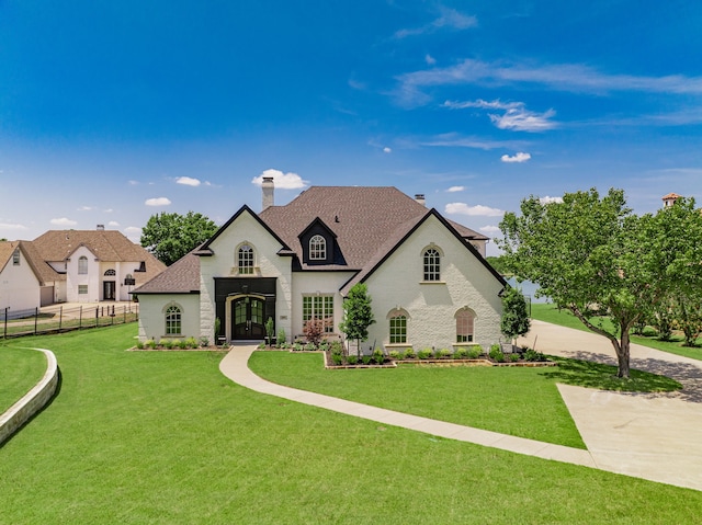 french country style house with a shingled roof, a chimney, fence, and a front yard