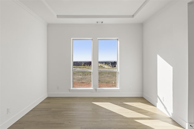 spare room featuring light wood-type flooring, crown molding, and a tray ceiling