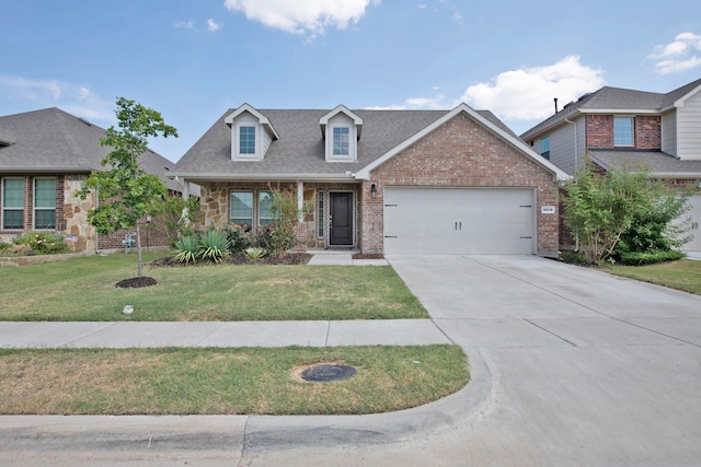 view of front of house with a garage and a front lawn