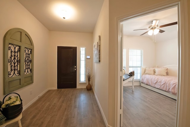 foyer featuring hardwood / wood-style flooring and ceiling fan