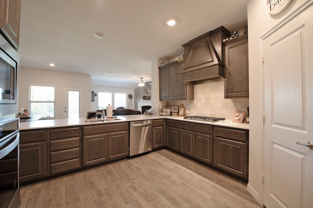 kitchen featuring light hardwood / wood-style flooring, sink, ceiling fan, appliances with stainless steel finishes, and custom range hood