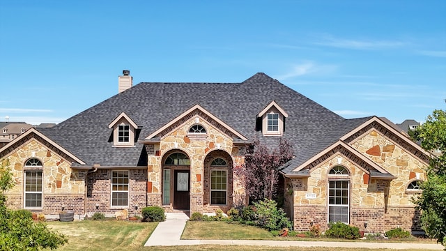 view of front of property with a chimney, brick siding, roof with shingles, and a front yard