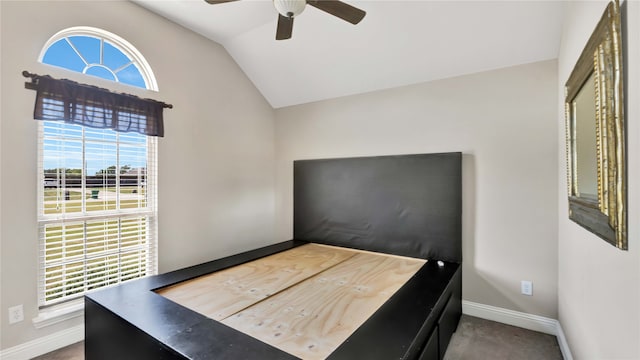 carpeted home office with vaulted ceiling, ceiling fan, and plenty of natural light