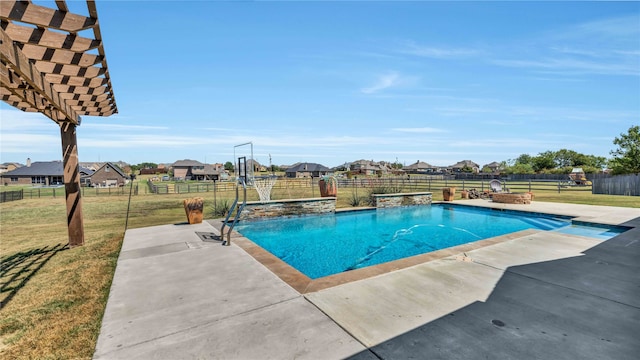 view of pool with a fenced backyard, a pergola, a lawn, and a patio