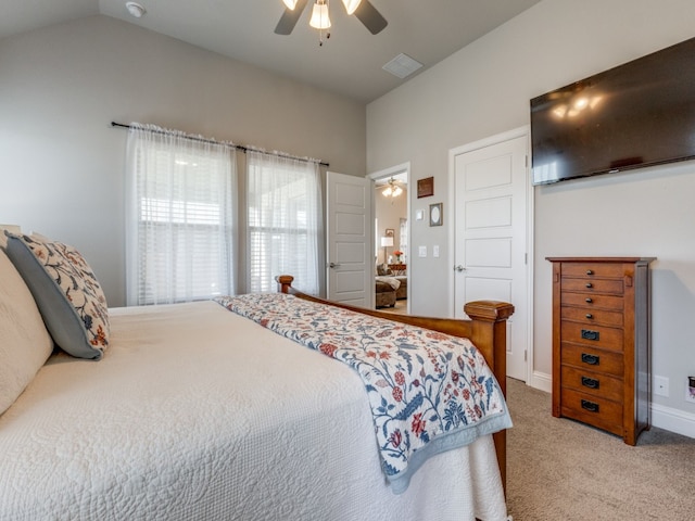 bedroom with light colored carpet and ceiling fan