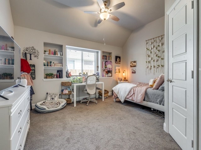 carpeted bedroom with ceiling fan and lofted ceiling