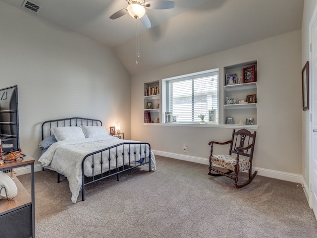 bedroom with carpet, vaulted ceiling, and ceiling fan