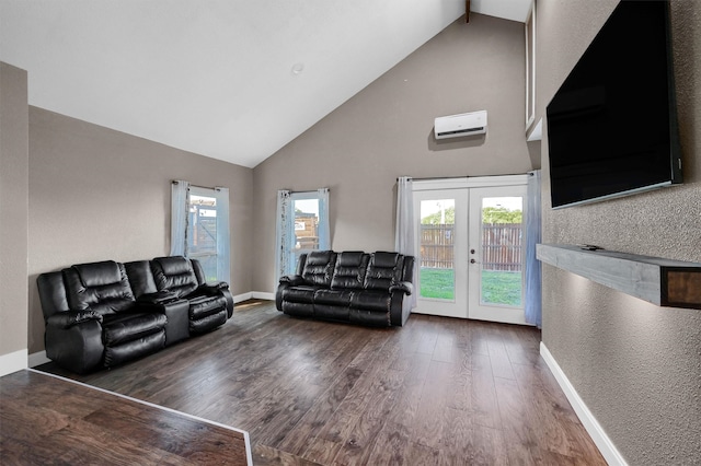 living room with dark hardwood / wood-style floors, high vaulted ceiling, and french doors