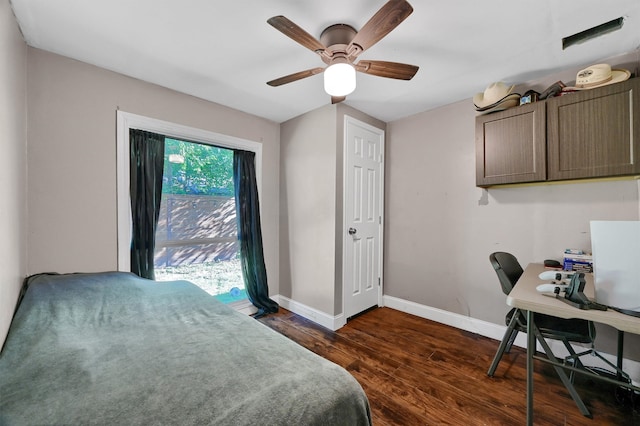 bedroom featuring ceiling fan and dark hardwood / wood-style floors