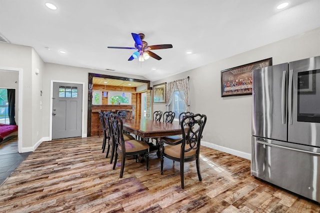 dining room featuring ceiling fan and wood-type flooring