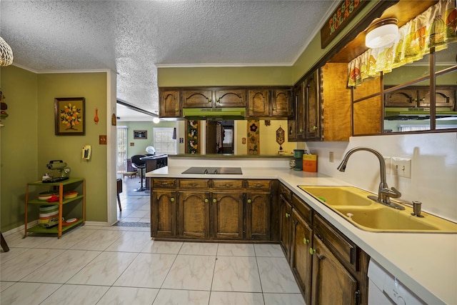 kitchen with a textured ceiling, white dishwasher, crown molding, and sink