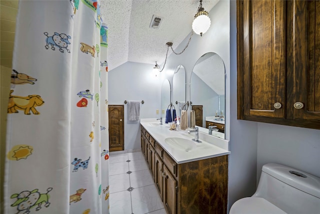 bathroom with vanity, toilet, lofted ceiling, and a textured ceiling