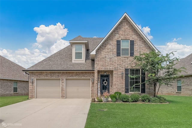 traditional home featuring a garage, driveway, roof with shingles, a front yard, and brick siding