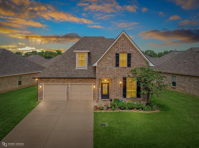 view of front of property featuring a garage and a front lawn