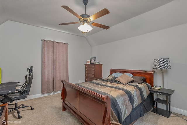 bedroom featuring lofted ceiling, light carpet, a ceiling fan, and baseboards