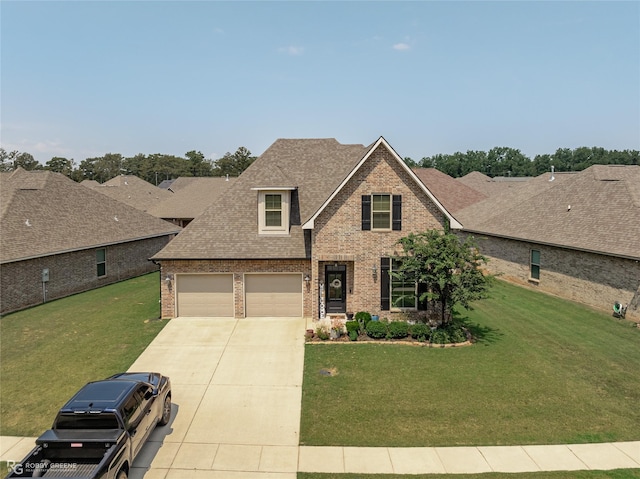 traditional-style home with brick siding, a shingled roof, concrete driveway, a garage, and a front lawn